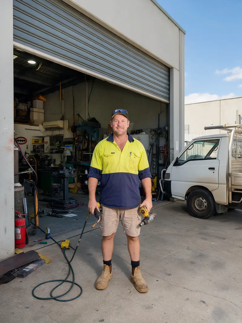 Australian tradesperson standing outside a commercial workshop