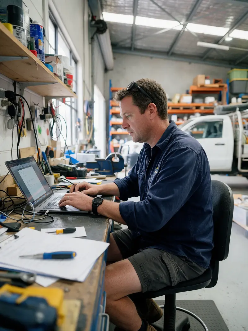 Small-business owner working on a laptop at a workshop desk