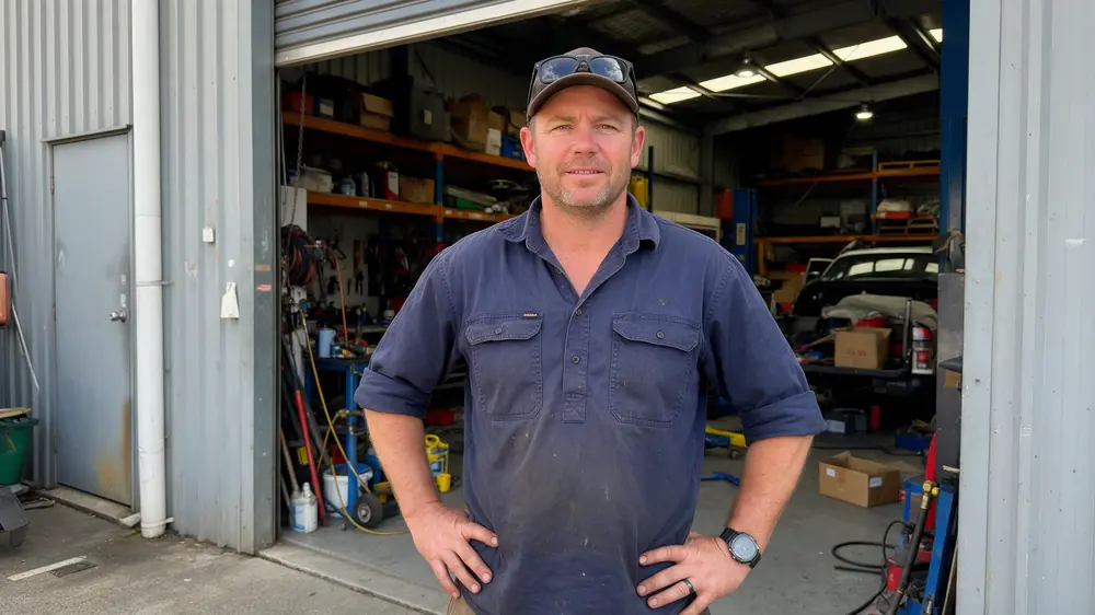 Australian workshop owner standing at the entrance to his business