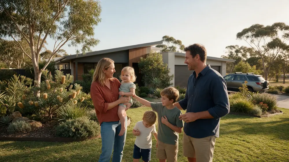 Australian family standing outside a suburban home