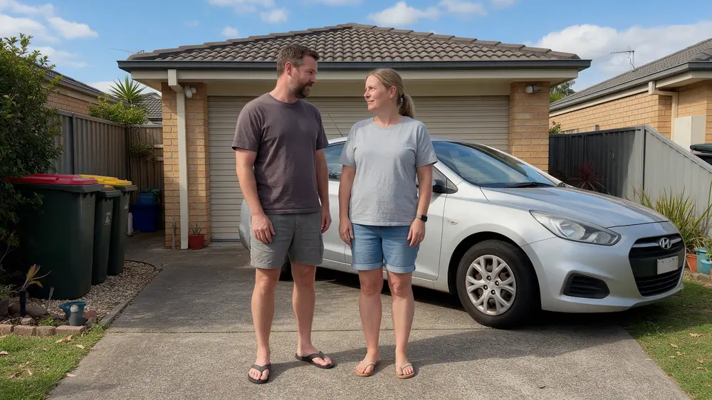 Australian couple standing in a driveway beside their car and home