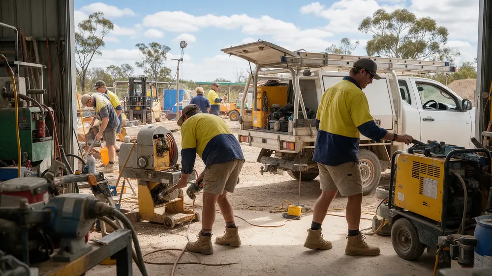 Tradespeople working with tools and machinery at an Australian worksite