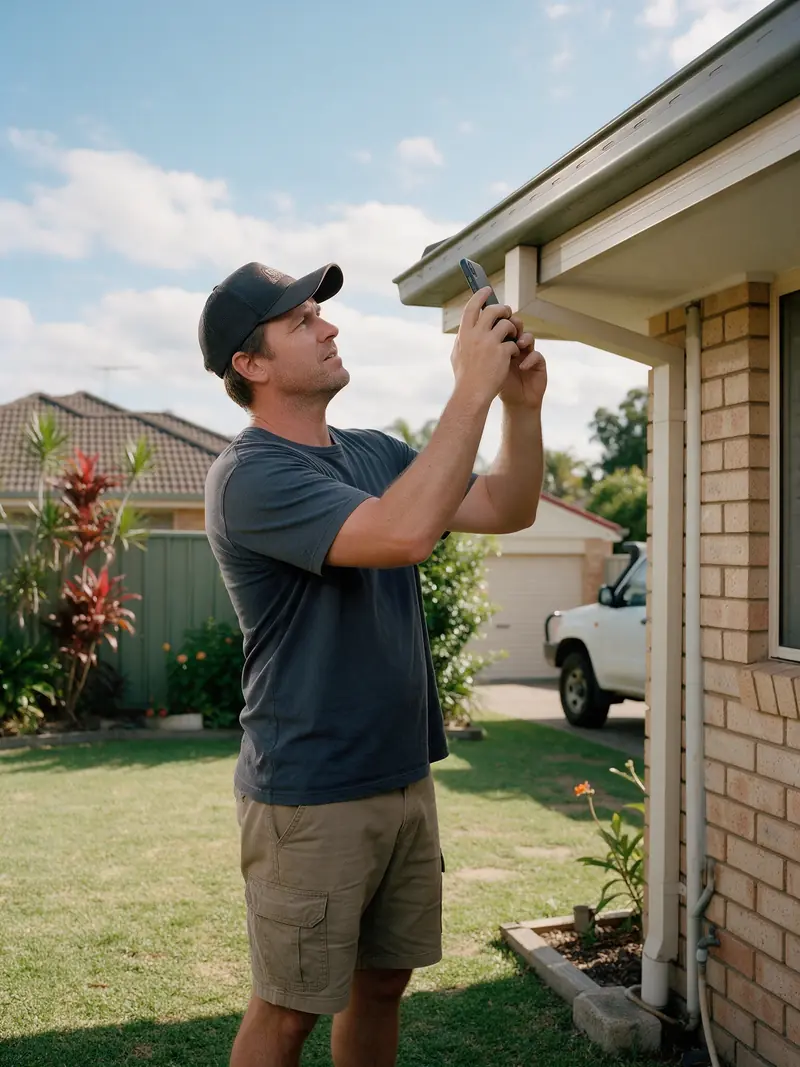 Property owner photographing the gutter of a suburban house