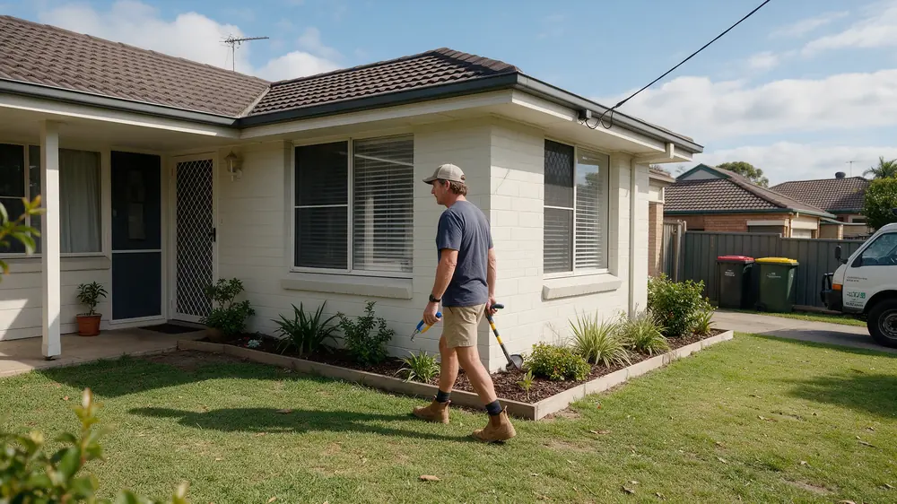 Property owner inspecting the outside of a suburban Australian house