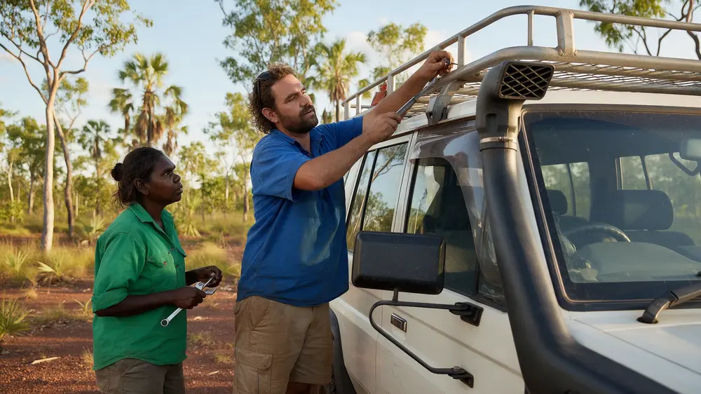 Australian couple beside a four-wheel drive in a tropical outdoor setting