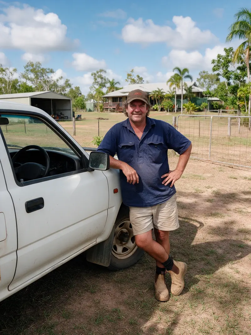 Rural property owner standing beside a ute on an Australian acreage property