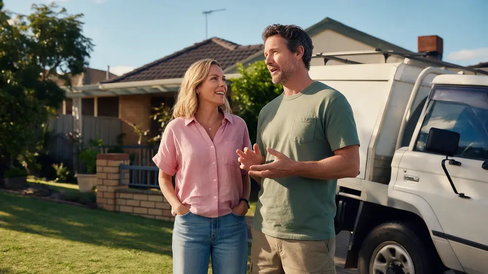 Australian couple standing outside their home beside a four-wheel drive